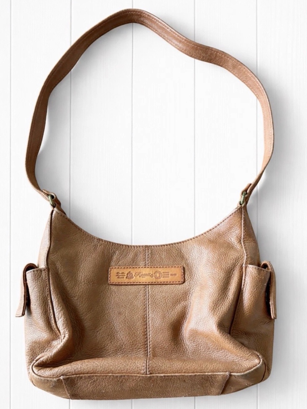 Fossil Vintage 1954 Caramel Brown Pebbled Leather Purse Bag Pockets 75082